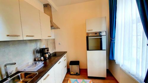a small kitchen with white cabinets and a sink at Zur Krone Aparthotel in Widdershausen