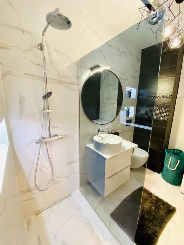 a bathroom with a shower and a sink and a mirror at Sunrise Apart in Jelenia Góra