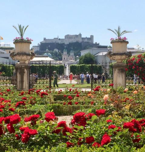 a garden with red flowers and a castle in the background at Haus Thomas in Werfenweng