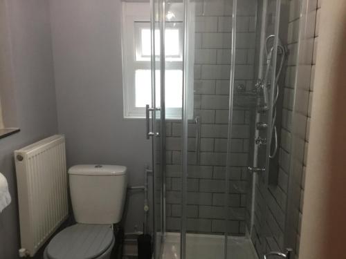 a bathroom with a toilet and a glass shower at The Old School House in Durham