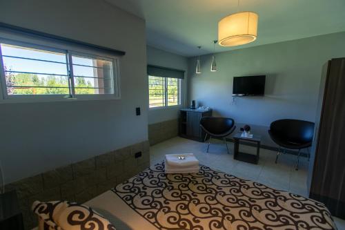 a room with a bed and a window and a television at Cabañas y Habitaciones Terra Nostra Complejo in General Alvear