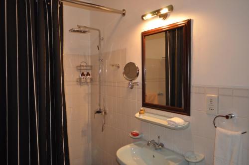 ein Bad mit einer Dusche, einem Waschbecken und einem Spiegel in der Unterkunft Cocoon Hills in Nuwara Eliya