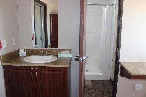 a bathroom with a sink and a shower at Karbani Inn in Carlsbad