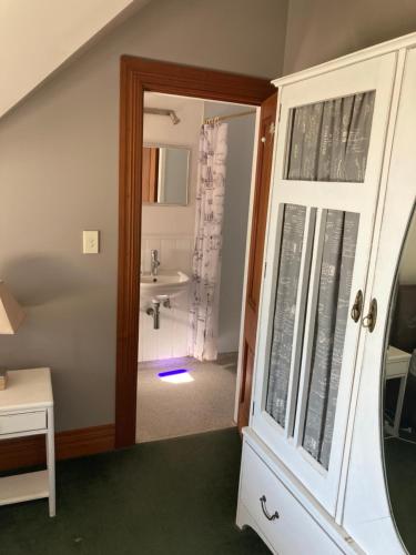 La salle de bains est pourvue d'un lavabo et d'une porte avec un miroir. dans l'établissement Taiparoro House, à Tauranga