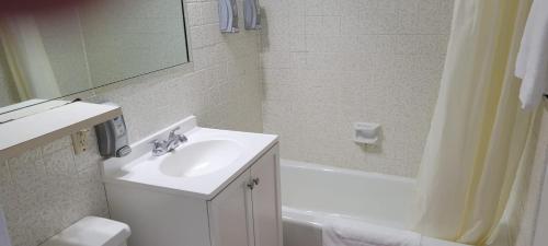 a bathroom with a sink and a mirror and a shower at Stagecoach Motel in La Junta