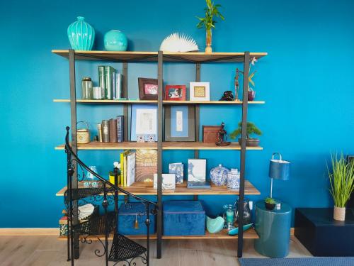 a book shelf in a room with a blue wall at LA MAISON BLEUE, à 20 mn de Strasbourg, sur la route des vins, jusqu'à 6 personnes, Sélestat in Sélestat