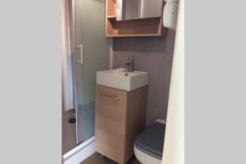 une petite salle de bain avec un lavabo et des toilettes dans l'établissement Cabanon à Sanary sur mer au coeur de Portissol., à Sanary-sur-Mer