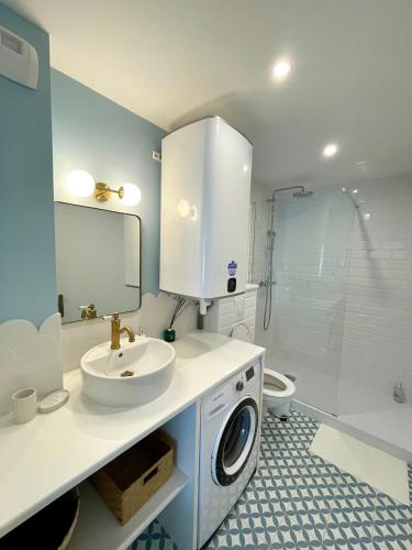 a bathroom with a sink and a washing machine at La Maison Pinot Noir in Gevrey-Chambertin