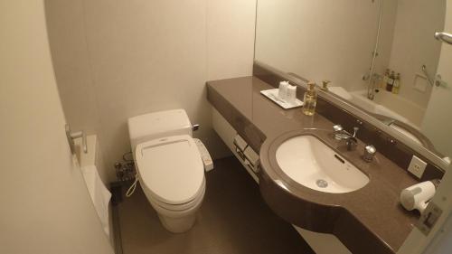 La salle de bains est pourvue de toilettes blanches et d'un lavabo. dans l'établissement Castle Inn Toyokawa, à Toyokawa