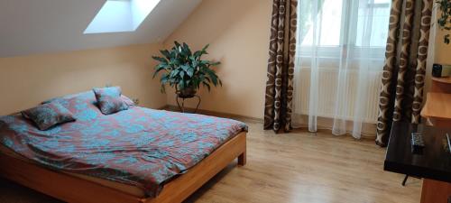 a bedroom with a bed and a potted plant at Dom na Kaszubach nad Jeziorem Gowidlińskim - całoroczny in Sulęczyno