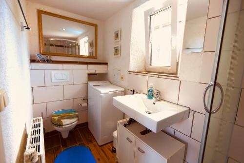 a bathroom with a sink and a toilet and a mirror at UsedomTor 1720 FeWo II in Wolgast