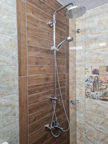 una ducha con puerta de cristal en un baño en Chuchura Family Hotel, en Koprivshtitsa