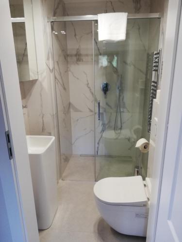a bathroom with a toilet and a shower at Apartament Latarnik- Yellow in Gąski