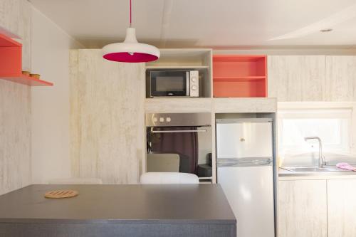 a kitchen with a white refrigerator and a microwave at Camping du Château Vert in Hondainville