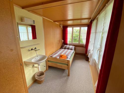 ein kleines Bad mit einem Waschbecken und einem Fenster in der Unterkunft Staubbachbänkli in Wengen