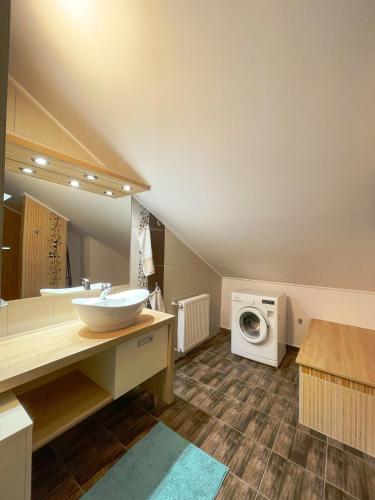 a bathroom with a sink and a washing machine at Pine&Chill2 Apartments in Balatonalmádi