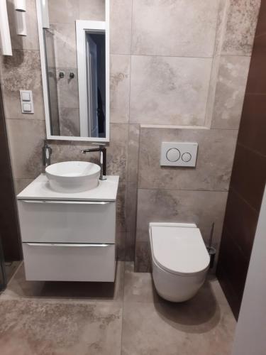 a bathroom with a toilet and a sink and a mirror at Apartament Latarnik- STANDARD in Gąski