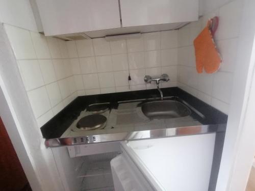 una pequeña cocina con fregadero y encimera en Haus Enzian - Apartment Gerlitzen en Kanzelhöhe