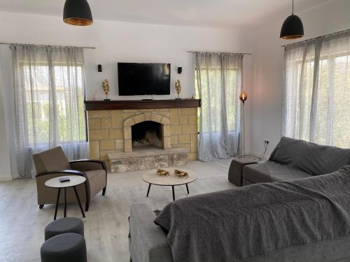 a living room with a couch and a fireplace at Villa Athasia in Yiolou