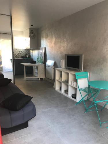 un salon avec un canapé, une télévision et une table dans l'établissement Studio plage, à Canet