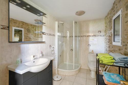 Un baño con lavabo, ducha e inodoro. en Villa charmante à La Tour-d'Aigues avec piscine privée, en La Tour-dʼAigues