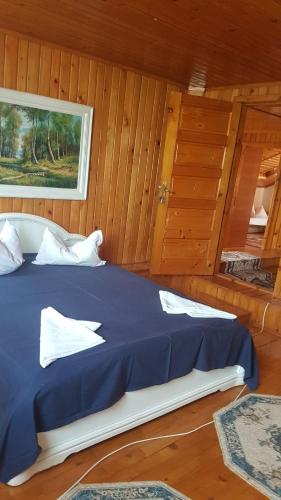 1 dormitorio con 1 cama grande en una habitación de madera en Cazare de vis, en 23 August