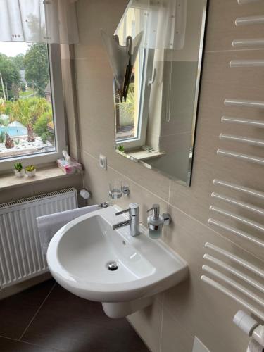 ein Badezimmer mit einem weißen Waschbecken und einem Spiegel in der Unterkunft Ferienwohnung Mühlberg in Seifersdorf