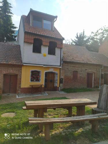 a picnic table in front of a building at Penzion Slunce nad Vinným Sklepem in Moravská Nová Ves