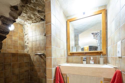 a bathroom with a sink and a mirror at Le Mas De Ribard in Bréau-et-Salagosse