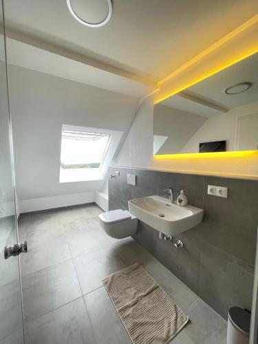 ein Badezimmer mit einem Waschbecken, einem WC und einem Spiegel in der Unterkunft Gästehaus Hirsch 93 in Straubenhardt