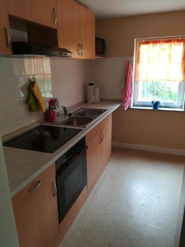 a kitchen with a sink and a stove and a window at schnuggliche Ferienwohnung in Eppendorf