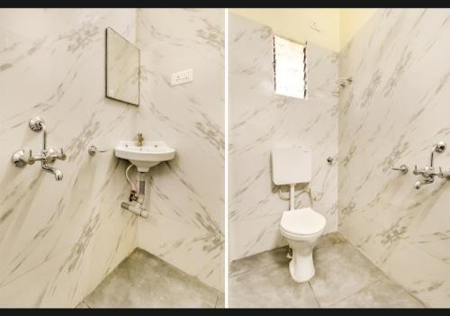 twee foto's van een badkamer met toilet en wastafel bij Silver Key Suites in Nagpur