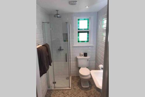 ein Bad mit einem WC, einer Dusche und einem Waschbecken in der Unterkunft Entire Maisonette Torquay Newly Renovated in Torquay