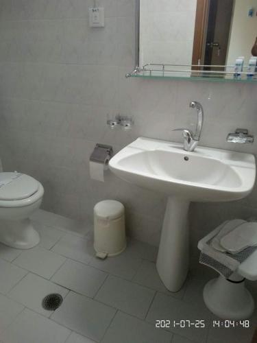a white bathroom with a sink and a toilet at Olympic Beach Hotel in Nei Poroi