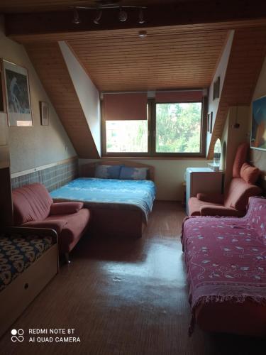 a room with a bed and two couches in it at Penzion Slunce nad Vinným Sklepem in Moravská Nová Ves