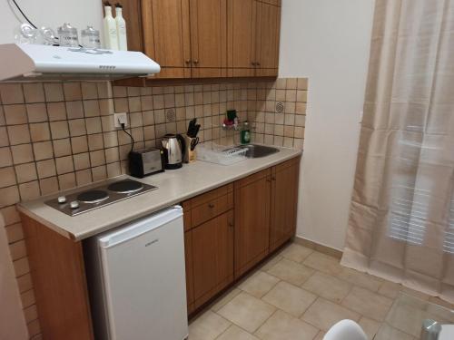 a small kitchen with a stove and a sink at Summer Desire in Kavos