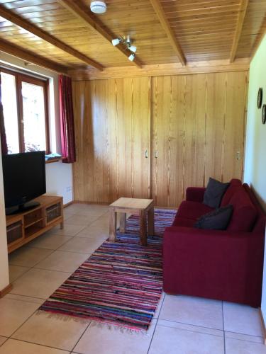a living room with a red couch and a tv at Landgoed De Blaauwe Blaer in Hall