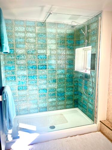 a bathroom with a shower with blue tiles at Luxurious, Fabulous, Fun, Contemporary Suite in Retreat Centre in Salisbury