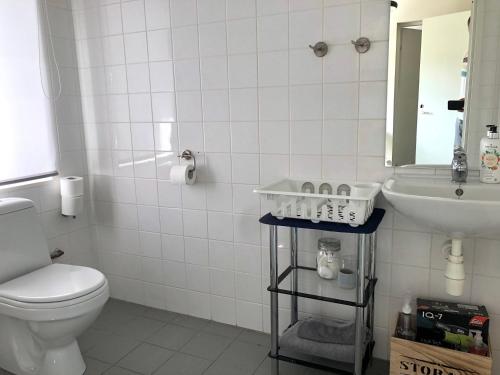 bagno con servizi igienici, lavandino e specchio di Work & Sleep with sauna a Võru