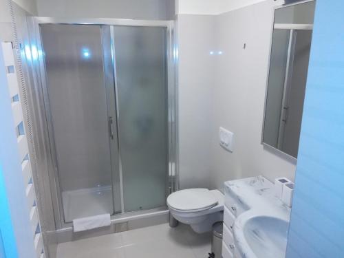 ein Bad mit einer Dusche, einem WC und einem Waschbecken in der Unterkunft Apartments Bohemia - Center in Zlatibor
