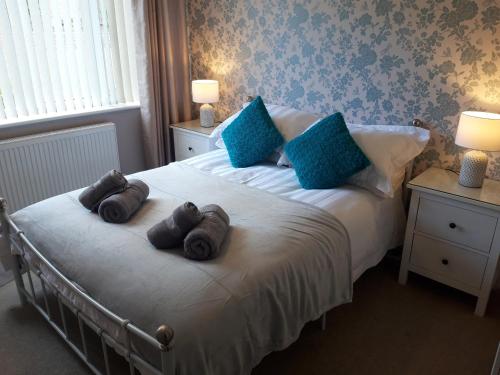 メナイ・ブリッジにあるSnowdonia View on Isle of Angleseyのベッドルーム1室(枕3つ付)