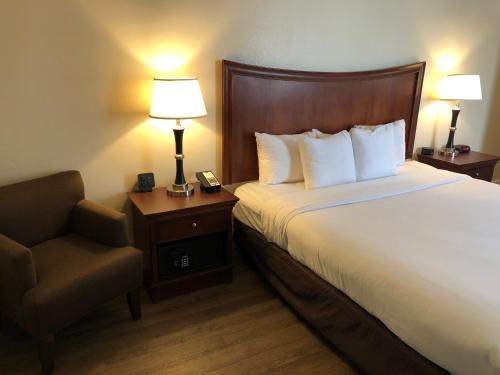 a hotel room with a bed and a chair at Blu Pacific Hotel in Monterey