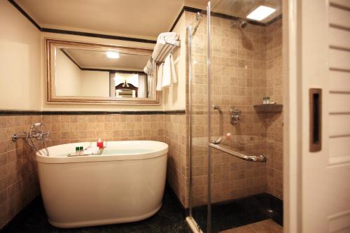 La salle de bains est pourvue d'une baignoire, d'une douche et d'un miroir. dans l'établissement Tuli Imperial, à Nagpur