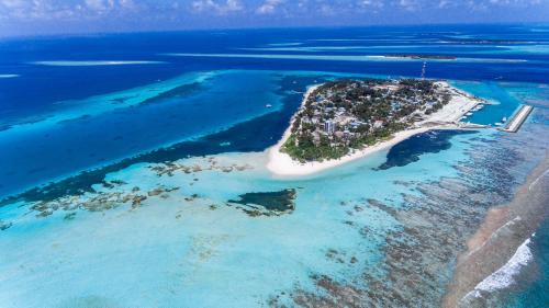 an aerial view of an island in the ocean at Dhangethi INN in Dhangethi
