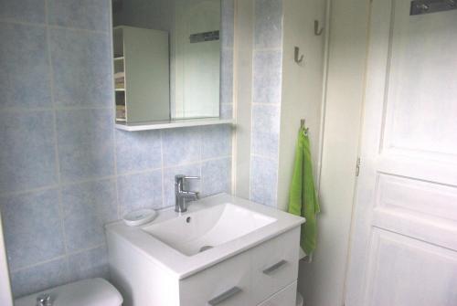 La salle de bains est pourvue d'un lavabo blanc et de toilettes. dans l'établissement La Vigneronne, à Dijon
