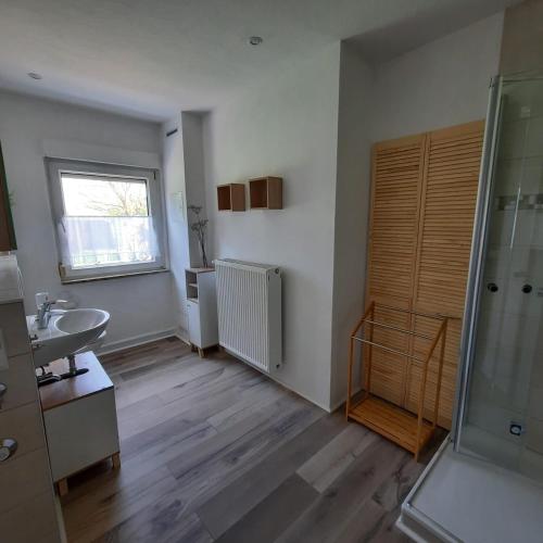 a bathroom with a sink and a shower and a window at Familienhof Müritz in Klein Plasten