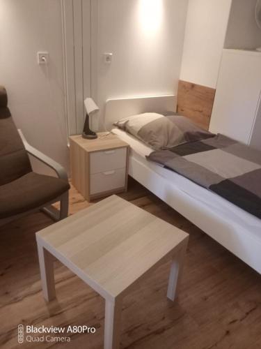 a bedroom with a bed and a table and a chair at Gästehaus Fechheim in Neustadt bei Coburg