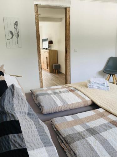two beds in a room with a mirror at Ferienwohnungen Naturzeit in Willingen
