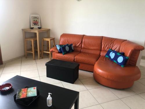 a living room with a leather couch and a table at Casa nel bosco, Appennino Tosco Emiliano in Camugnano