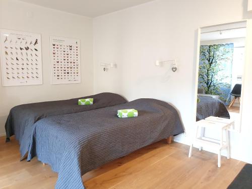 um quarto com uma cama com duas almofadas verdes em Studiohuoneisto Lohjan keskusta 2 em Lohja